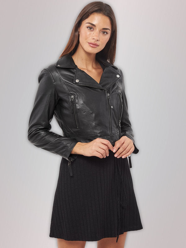 TJS Women's Short Black Leather Jacket
