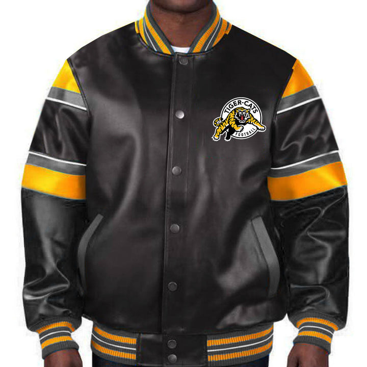 Men's varsity jacket with Hamilton Tiger-Cats team colors in USA