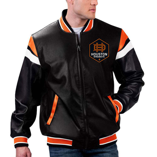 MLS Houston Dynamo FC leather jacket back view in American style