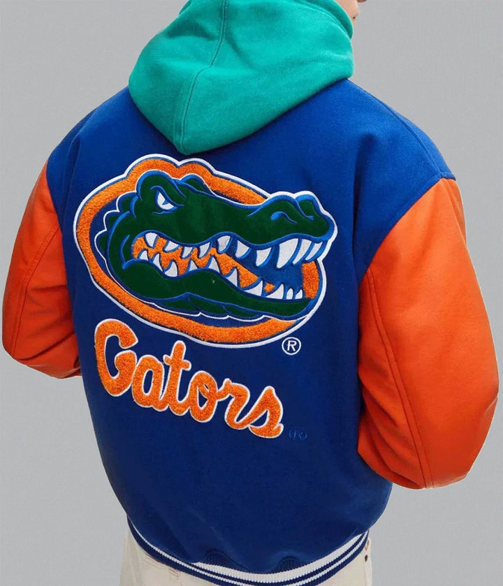 Royal blue and orange Florida Gators letterman jacket in United state market