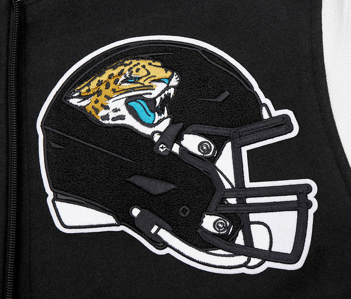 Close-up of the Jacksonville Jaguars helmet patch on the varsity jacket.