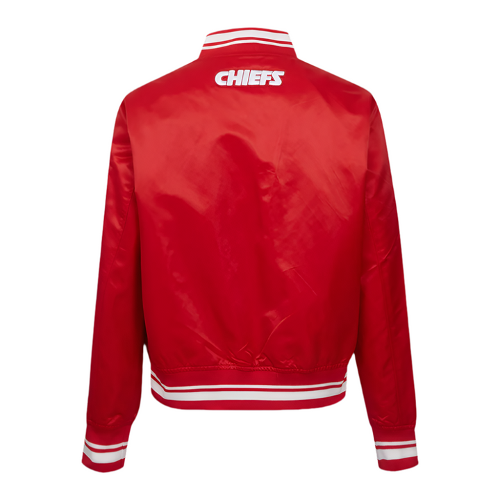 Back view of Kansas City Chiefs satin jacket with CHIEFS logo on the upper back.