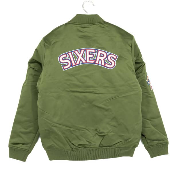 Back  view NBA Philadelphia 76ers Olive Heavyweight Satin Jacket