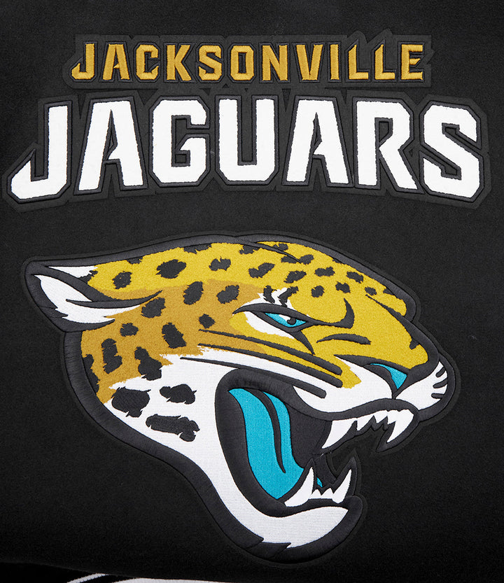 Close-up of the Jacksonville Jaguars team logo on the back of the varsity jacket.