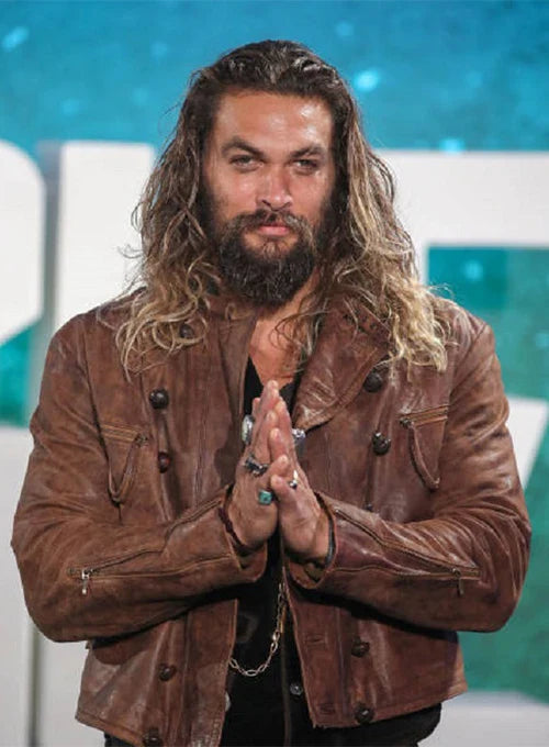 Stylish leather jacket worn by Jason Momoa as Aquaman