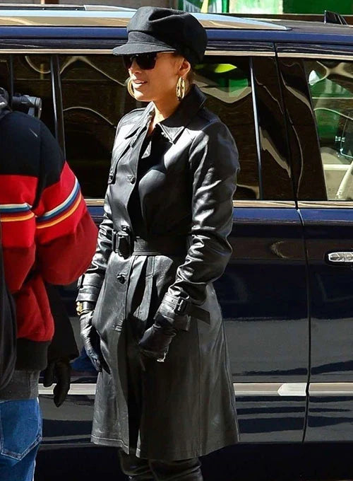 Stylish black leather trench coat worn by Jennifer Lopez in United state market