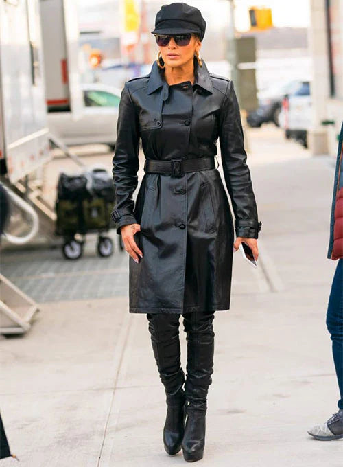 Jennifer Lopez black leather trench coat front view in USA