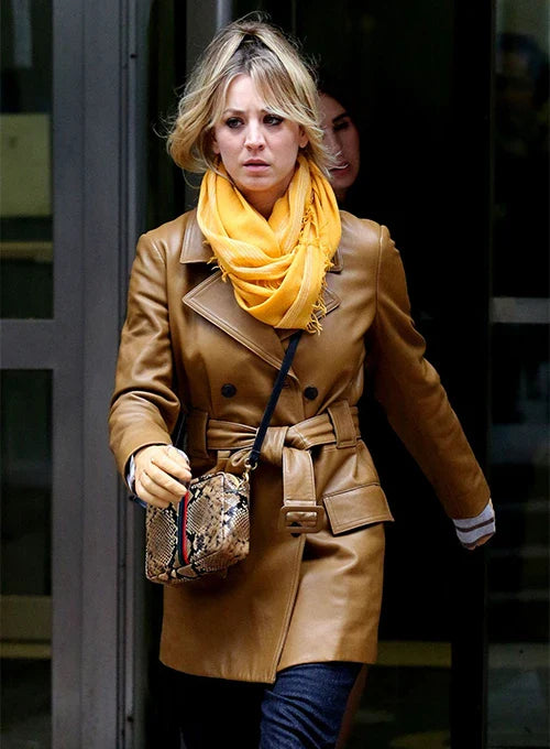 Kaley Cuoco's chic leather outerwear in UK style