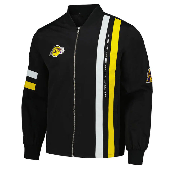 LA Lakers Black Stitch Applique Bomber Jacket front view
