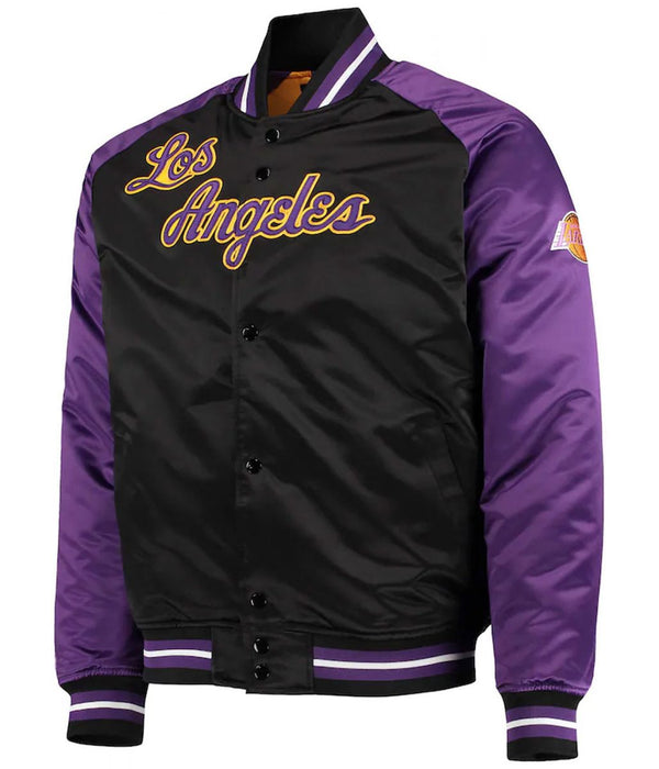 LA Lakers Hardwood Classics Reload 3.0 Purple/Black Satin Jacket Front View