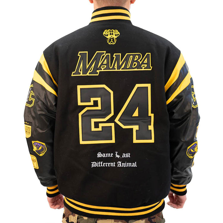 LA Lakers Kobe Bryant Collage Legends Black Varsity Jacket Back View