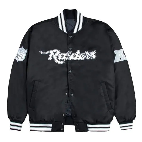 Las Vegas Raiders gray and white ribbed bomber jacket in black in USA
