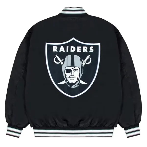 Black bomber jacket with gray and white ribbed cuffs for Raiders fans in USA