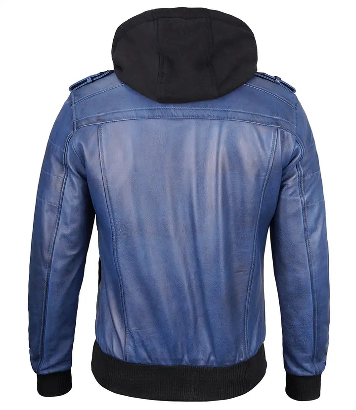 Men's Blue Leather Jacket with Removable Hood in United state market