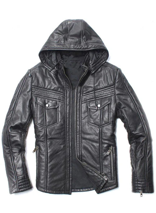 Black hooded leather jacket