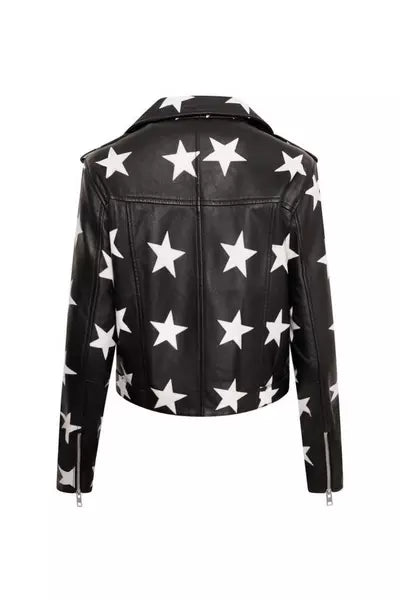 Black Leather Biker Jacket with Stars for Women
