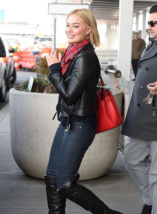 Trendy Margot Robbie-inspired black leather jacket for a chic look in United state market