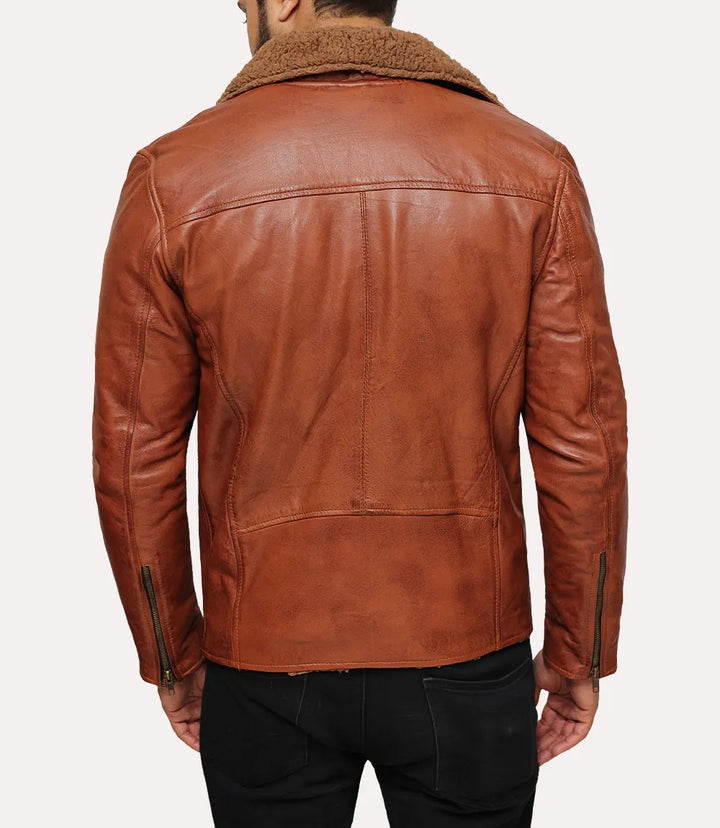 Men's Brown Shearling Leather Jacket - Back View with Smooth Leather Finish in US market