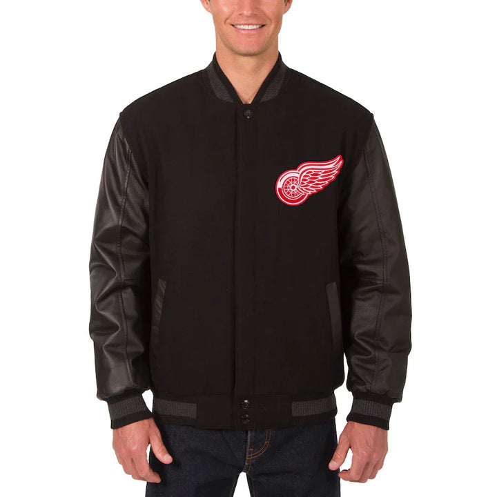 mens detroit red wings two hit wool body leather sleeve varsity jacket in USA