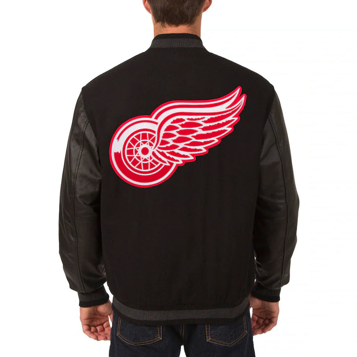reversible detroit red wings jacket with wool torso and leather sleeves in USA