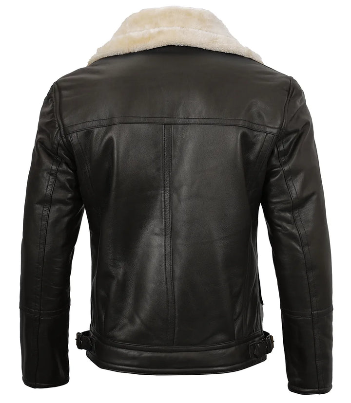 Back view of men's shearling leather jacket in American style