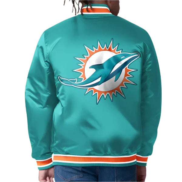 Shiny aqua satin Dolphins jacket with team logo in USA
