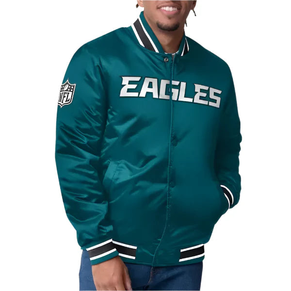 Philadelphia Eagles closer midnight green satin jacket front view in USA