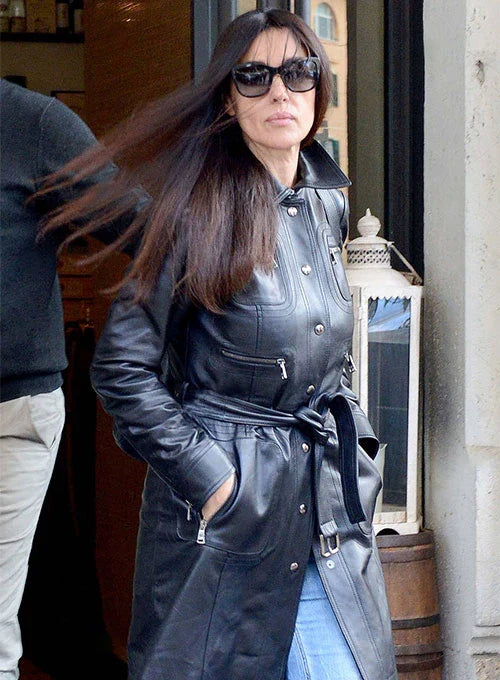 Elegant Monica Bellucci leather trench coat for a timeless, sophisticated look in USA