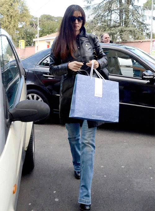 Sleek Monica Bellucci leather trench coat for a fashionable, high-end outfit in USA