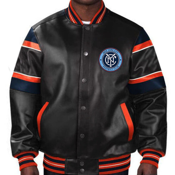 Premium leather jacket featuring the New York City FC logo and sleek design in American Market