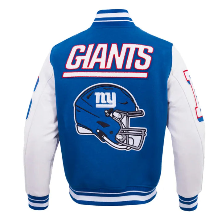 Blue and white jacket with 'Giants' and helmet design on a white background