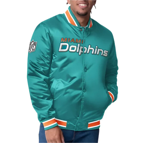 Miami Dolphins closer aqua satin jacket front view in USA