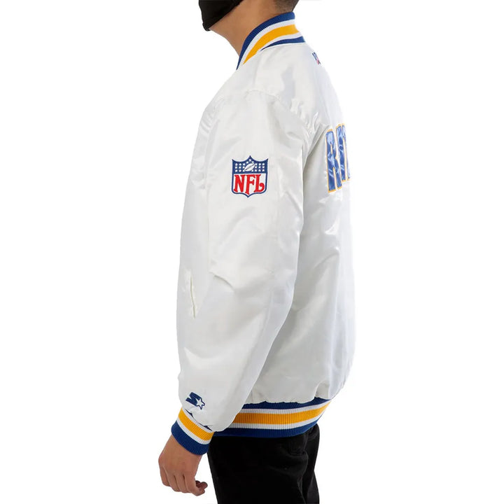 NFL Rams White Satin Jacket with UK Flag Design
