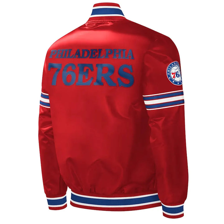 Back View Philadelphia 76ers Slider Red Varsity Satin Jacket
