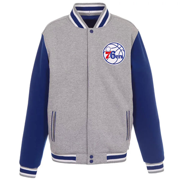 Front View NBA Philadelphia 76ers Varsity Gray and Royal Wool Jacket