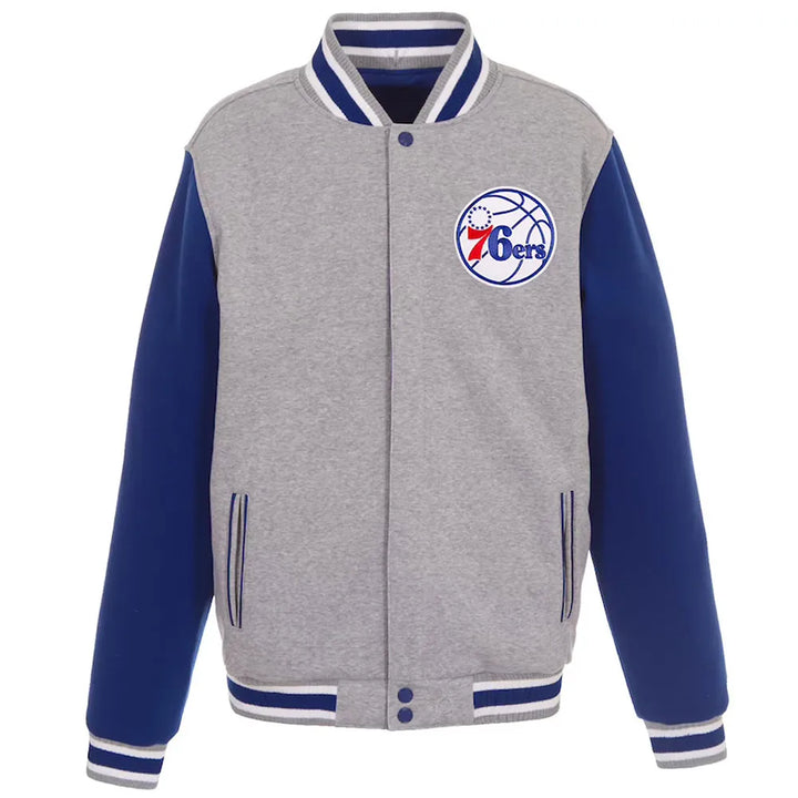 Front View NBA Philadelphia 76ers Varsity Gray and Royal Wool Jacket