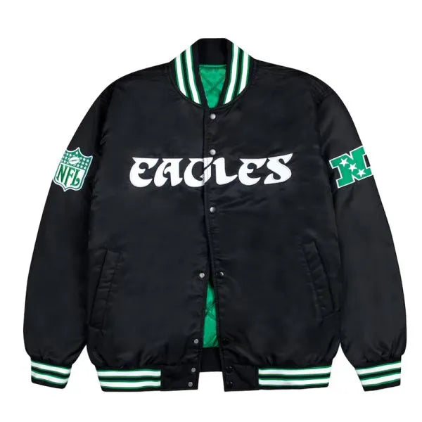 Black bomber jacket with green and white ribbed cuffs for Eagles fans in USA