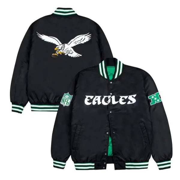 Philadelphia Eagles green and white rib bomber black jacket front view in USA