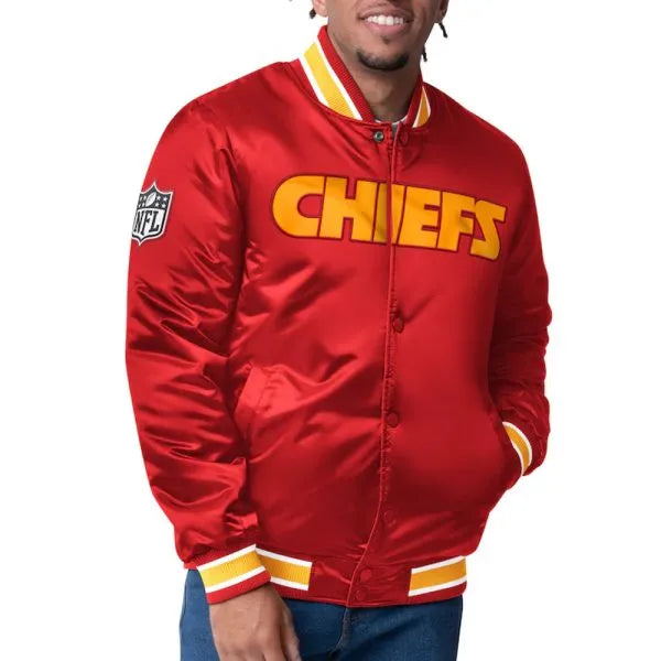 Kansas City Chiefs closer red satin jacket front view in USA