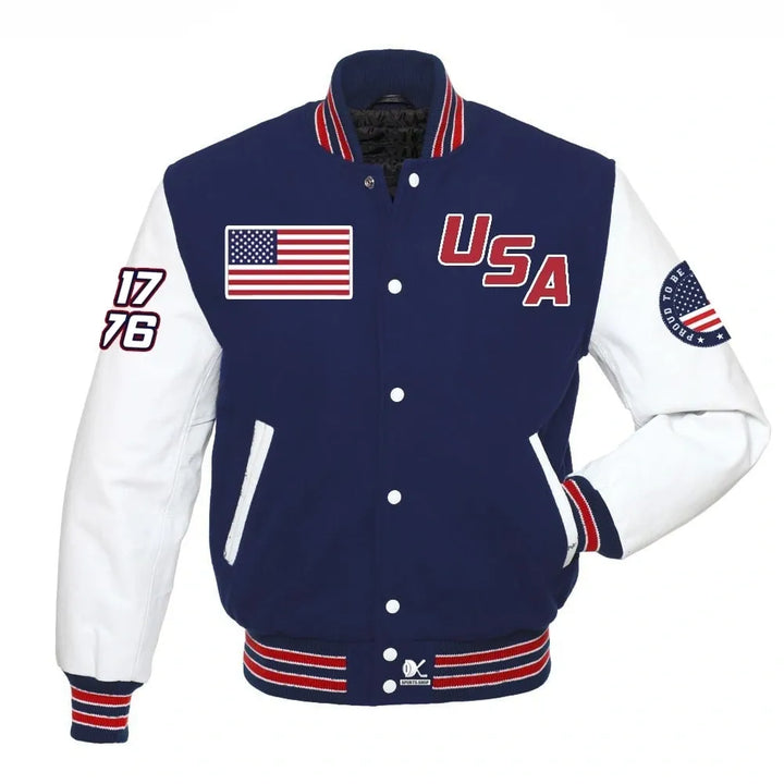 White Sleeves USA Varsity Jacket front view in USA