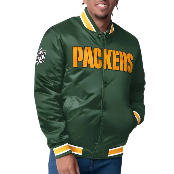 Green Bay Packers closer green satin jacket front view in USA