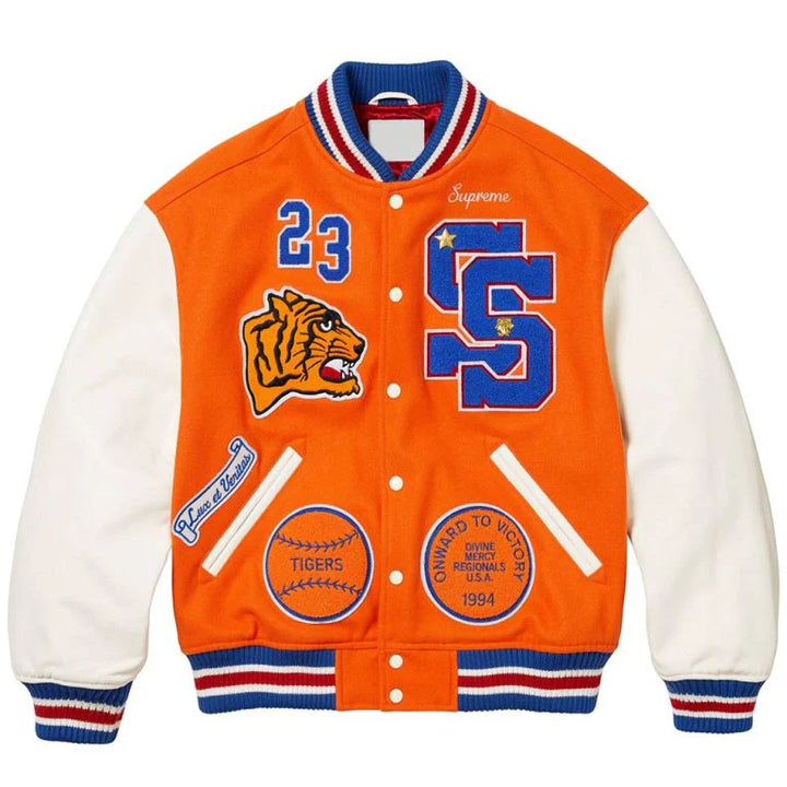 Close-up of Supreme Tiger Varsity Jacket logo in USA