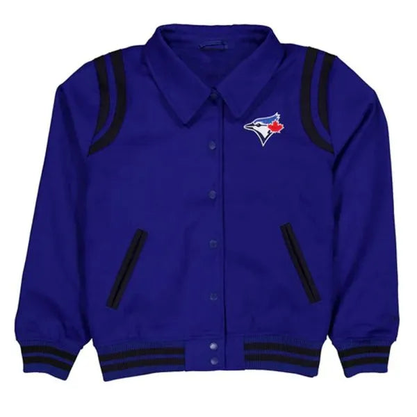 Blue varsity jacket with black stripes and a logo on a white background