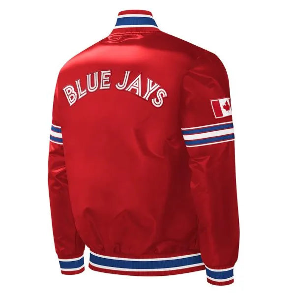 Red jacket with 'Blue Jays' text and a Canadian flag on a white background