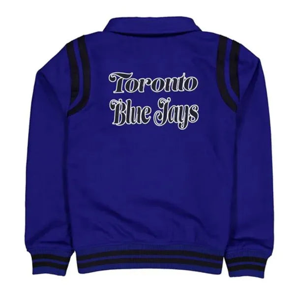 Blue jacket with 'Toronto Blue Jays' text on the back against a white background