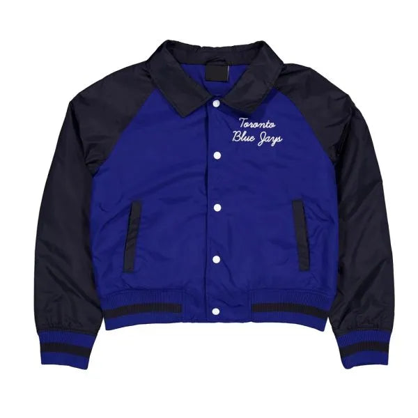 Blue and black varsity jacket with 'Toronto Blue Jays' text on a white background