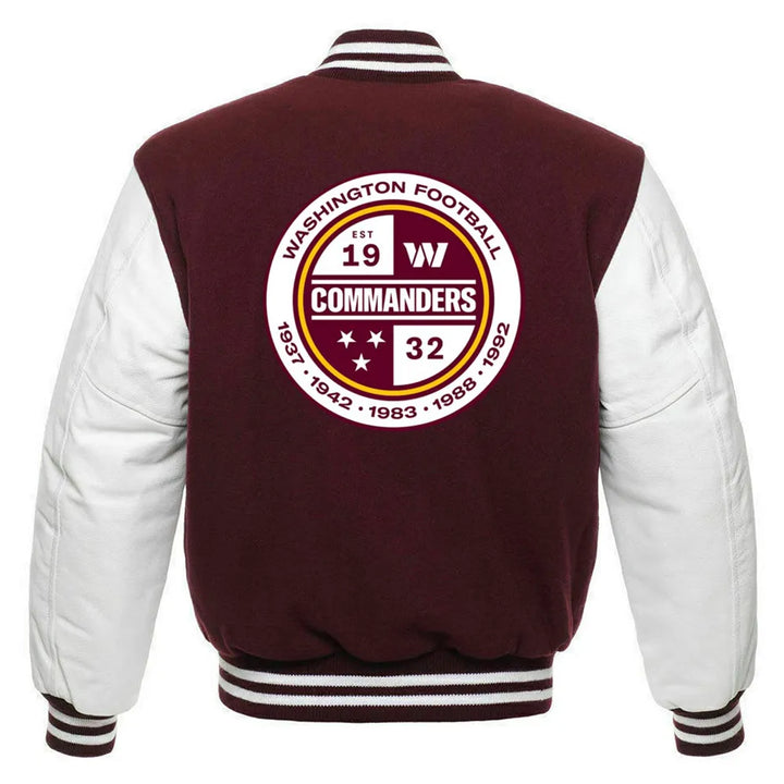 Washington Commanders wool jacket featuring embroidered team logo and design in USA