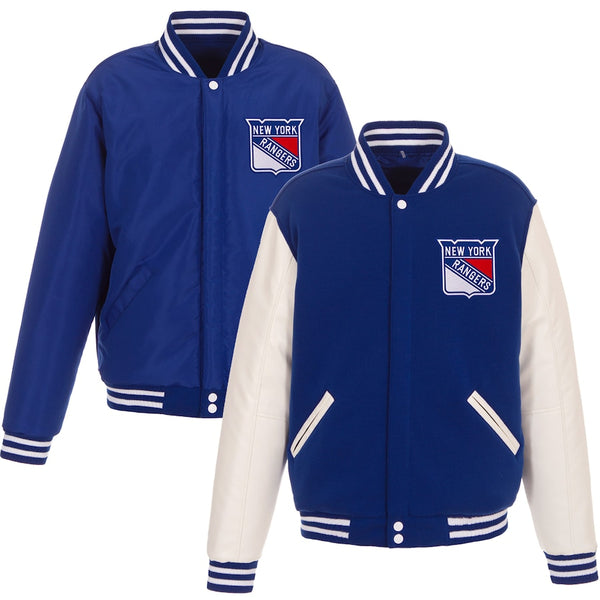 new york rangers reversible fleece jacket with faux leather sleeves in USA