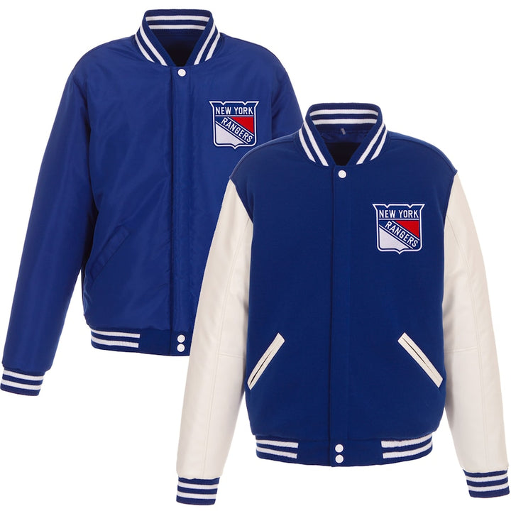 new york rangers reversible fleece jacket with faux leather sleeves in USA