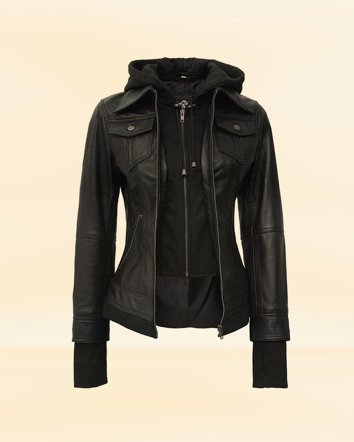 Women Hooded Black Leather Bomber Jacket front view in USA